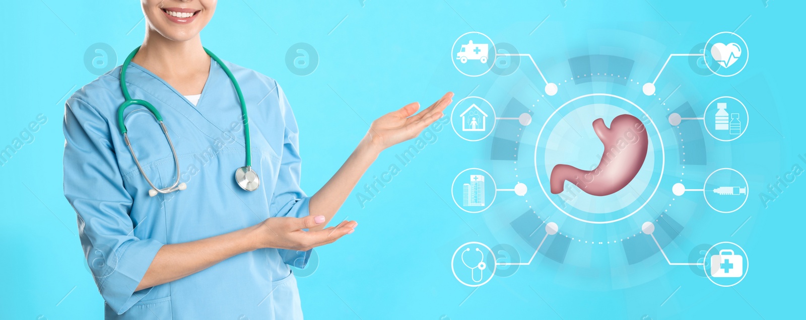 Image of Illustration of stomach and doctor with stethoscope on light blue background, closeup. Banner design