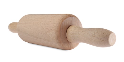 Photo of New wooden rolling pin on white background