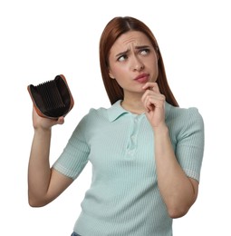 Photo of Confused woman with empty wallet on white background