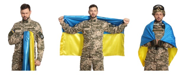 Collage with photos of soldier wearing military uniform with Ukrainian flag on white background. Banner design