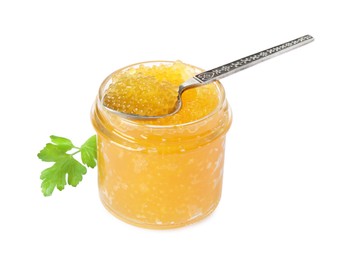 Photo of Fresh pike caviar in glass jar and spoon isolated on white