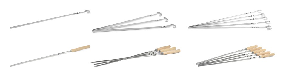 Image of Set with metal skewers on white background. Banner design