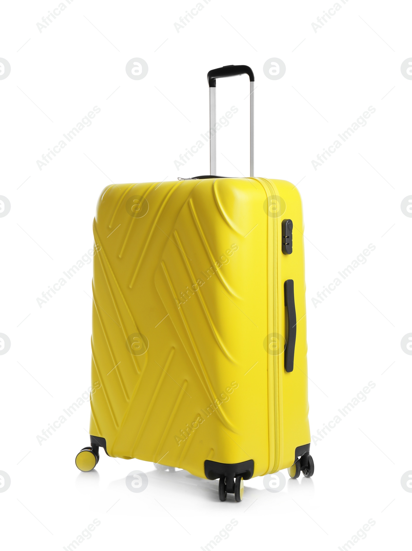 Photo of Yellow suitcase for travelling on white background