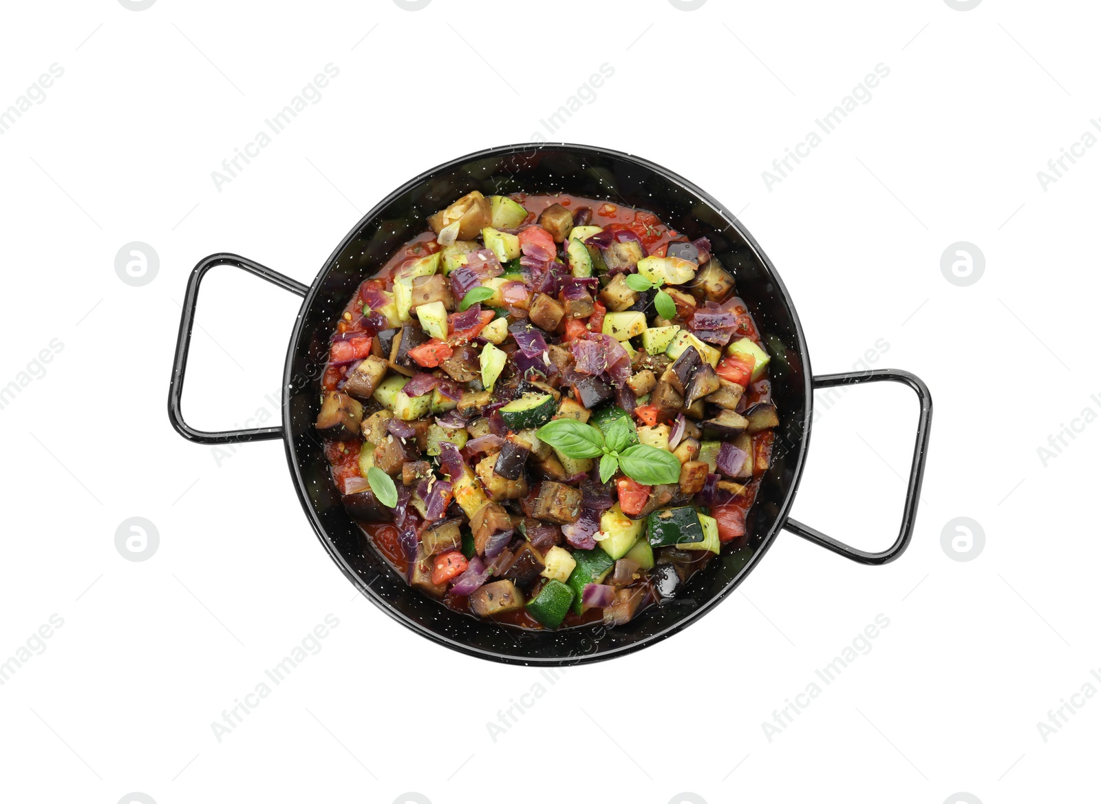 Photo of Delicious ratatouille in baking dish isolated on white, top view