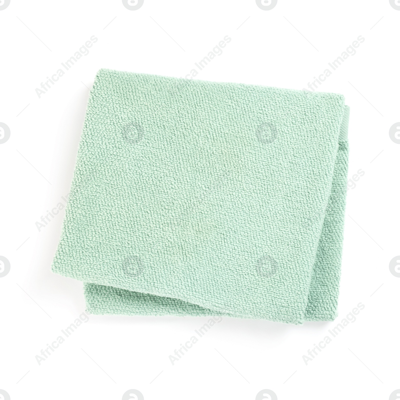Photo of Soft colorful terry towel isolated on white, top view