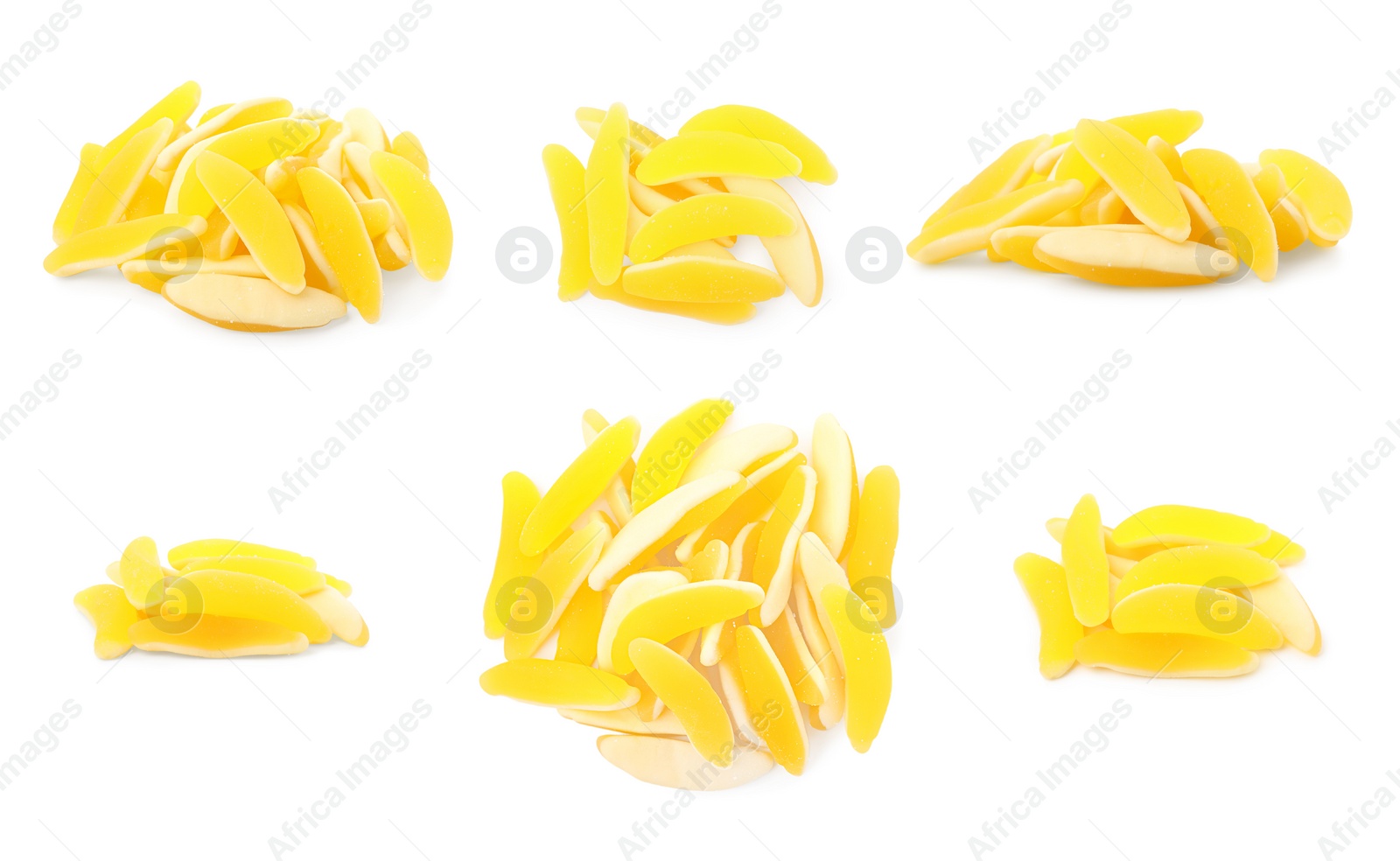 Image of Collage with banana gummy candies on white background. Jelly sweet
