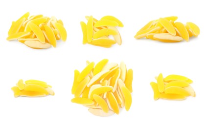 Collage with banana gummy candies on white background. Jelly sweet