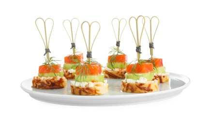 Photo of Tasty canapes with salmon, cucumber, bread and cream cheese isolated on white