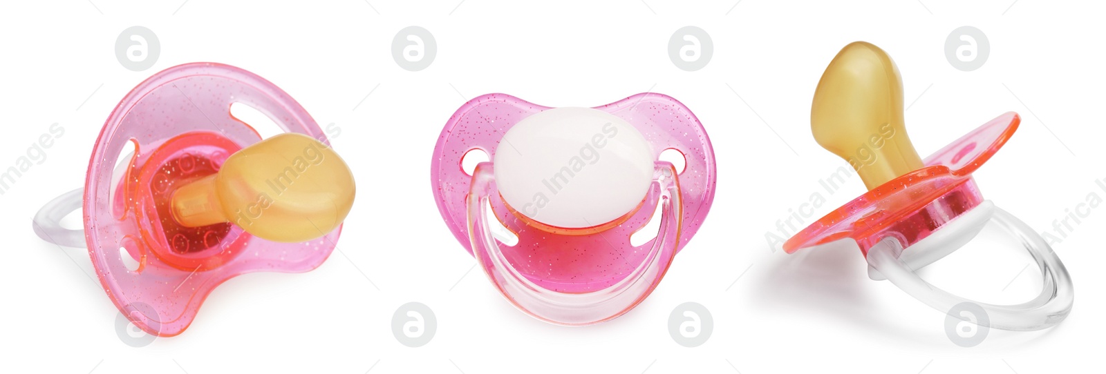 Image of Collage of baby pacifier on white background, views from different sides