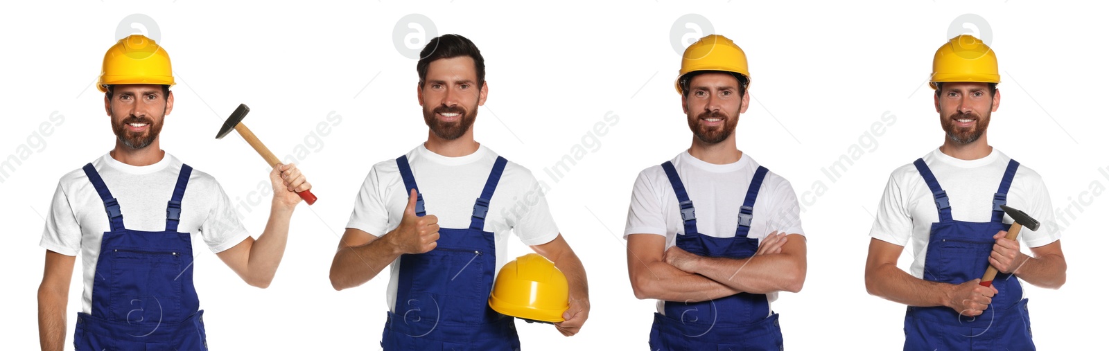 Image of Photos of builder with hammer on white background, collage design