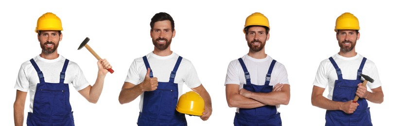 Image of Photos of builder with hammer on white background, collage design