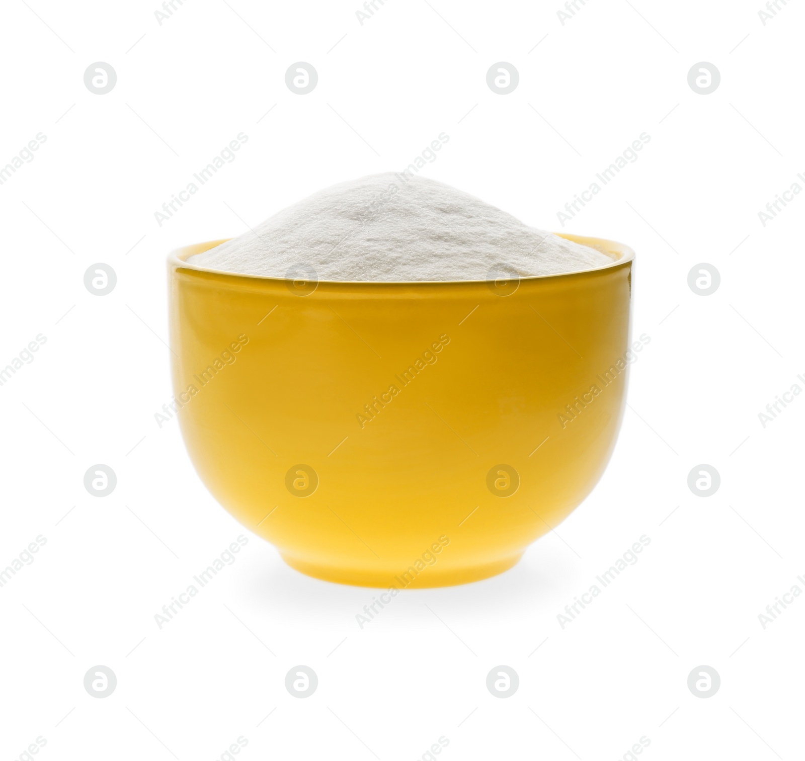 Photo of Bowl of baking soda isolated on white