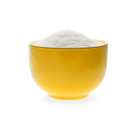 Photo of Bowl of baking soda isolated on white
