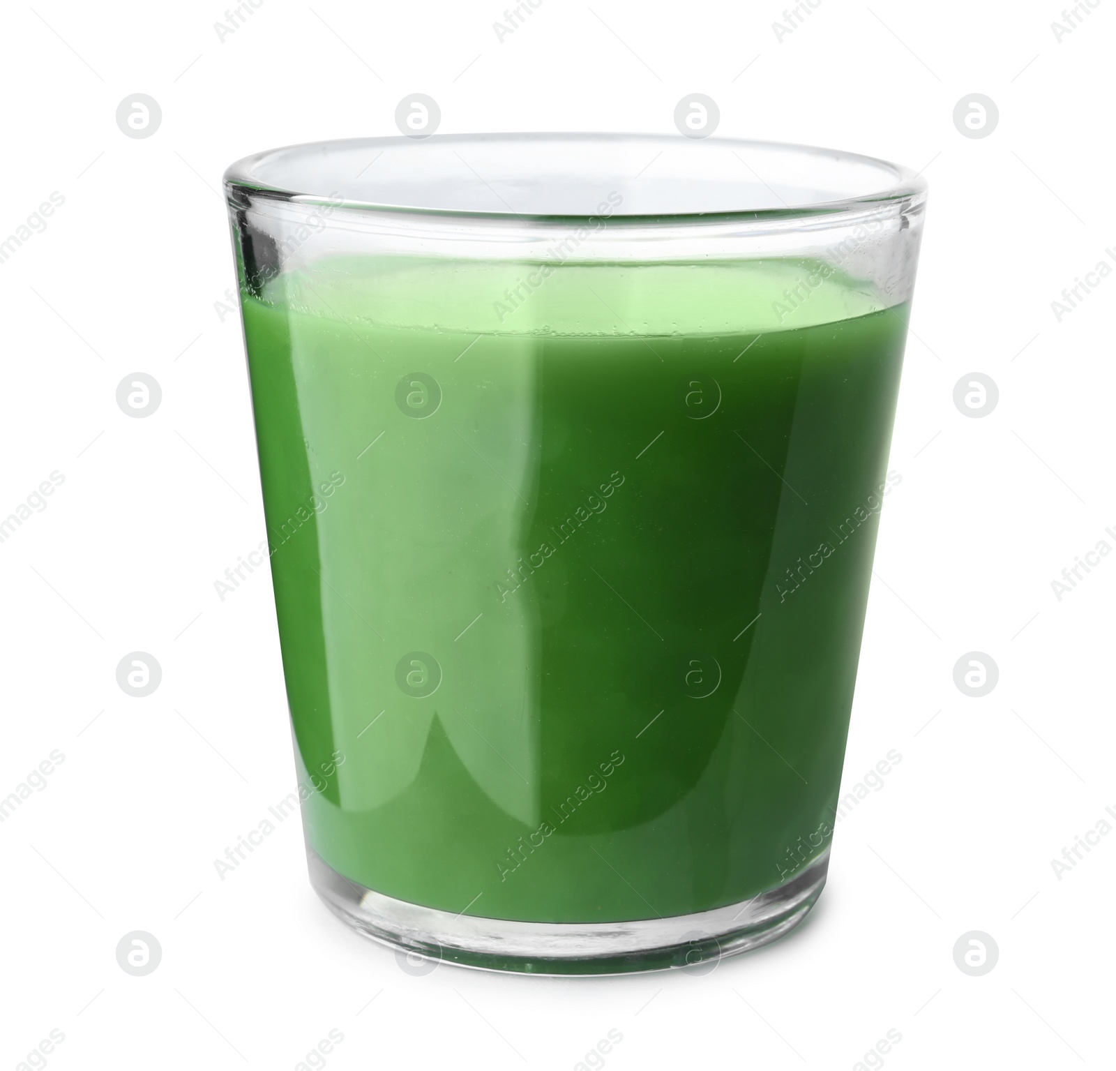 Glass of fresh wheat grass juice on white background Photo of Glass of fresh wheat grass juice on white background