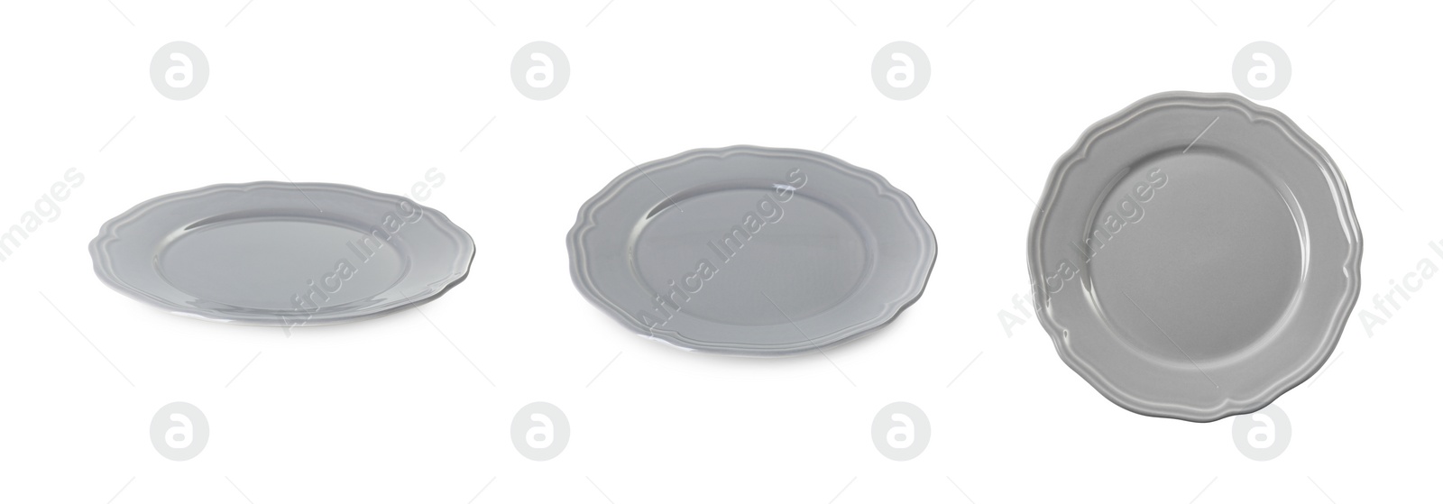 Image of Empty ceramic plate isolated on white, set with different views