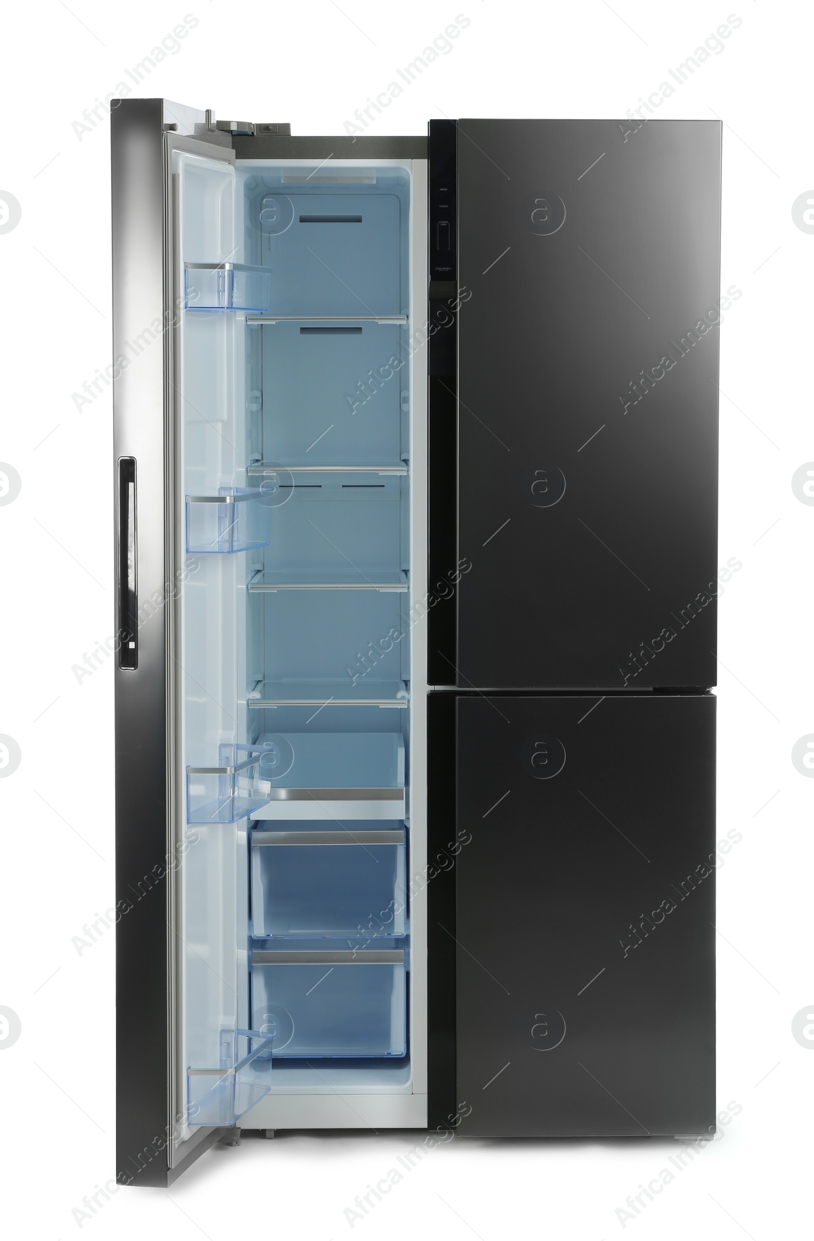 Photo of Modern stainless steel refrigerator isolated on white