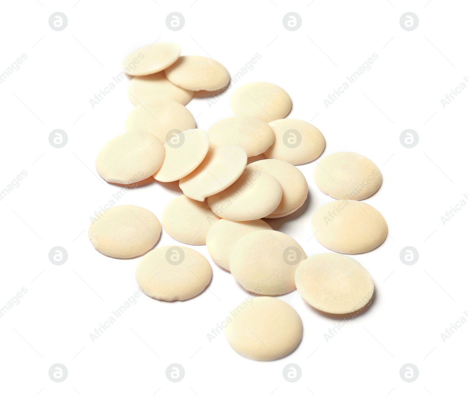 Photo of Delicious chocolate chips on white background