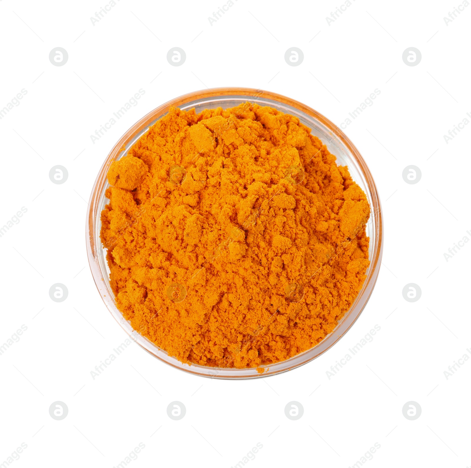 Photo of Aromatic saffron powder in bowl on white background, top view