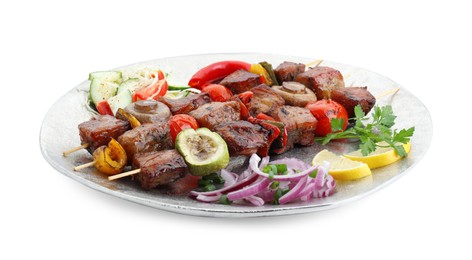 Photo of Plate of delicious shish kebabs with vegetables isolated on white