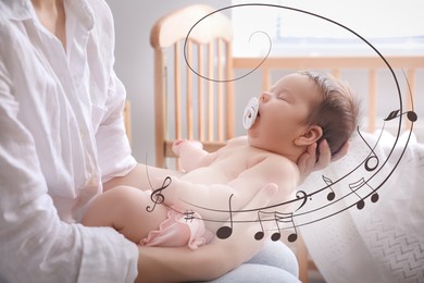 Image of Lullaby songs. Baby sleeping in mother's arms at home, closeup. Illustration of flying music notes around child