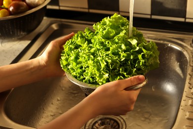 Photo of Woman washing fresh lettuce leaves in metal colander, closeup