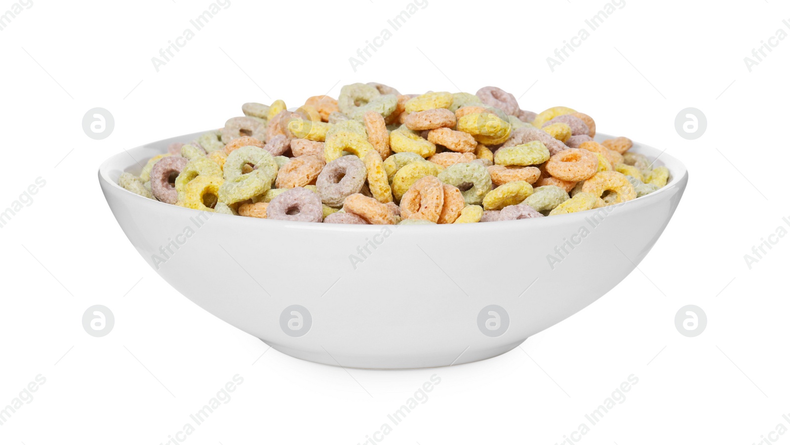 Photo of Tasty cereal rings in bowl isolated on white