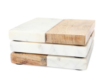 Stack of stylish cup coasters on white background