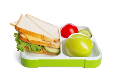 Photo of Lunch box with appetizing food on white background