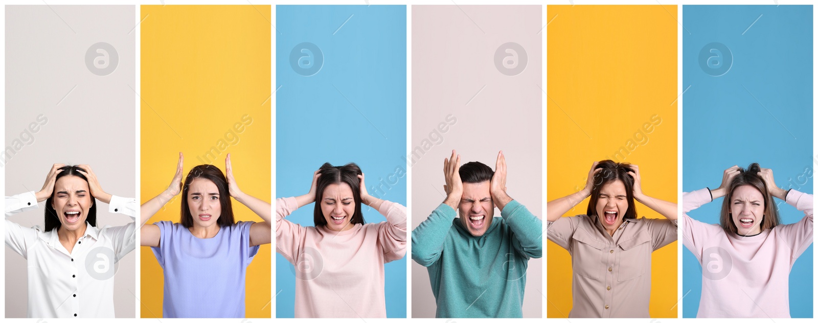 Image of Collage with photos of stressed people on color backgrounds