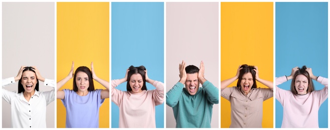 Image of Collage with photos of stressed people on color backgrounds