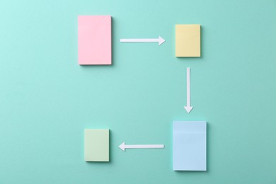 Photo of Business process organization and optimization. Scheme with paper notes and arrows on turquoise background, top view