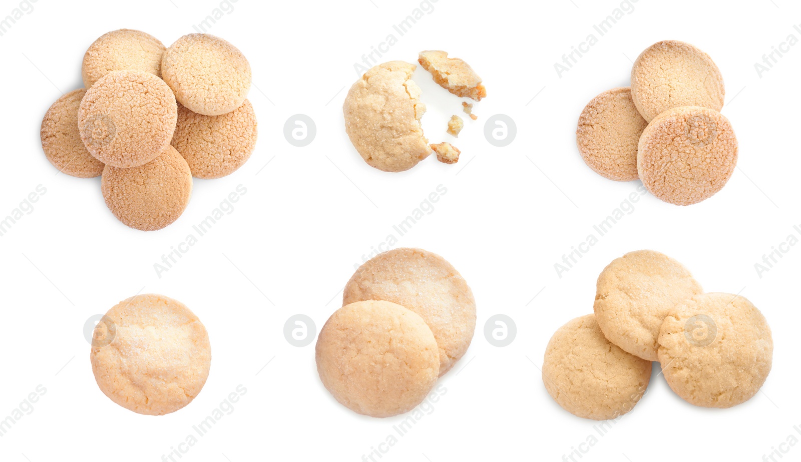 Image of Set with tasty sugar cookies on white background, top view