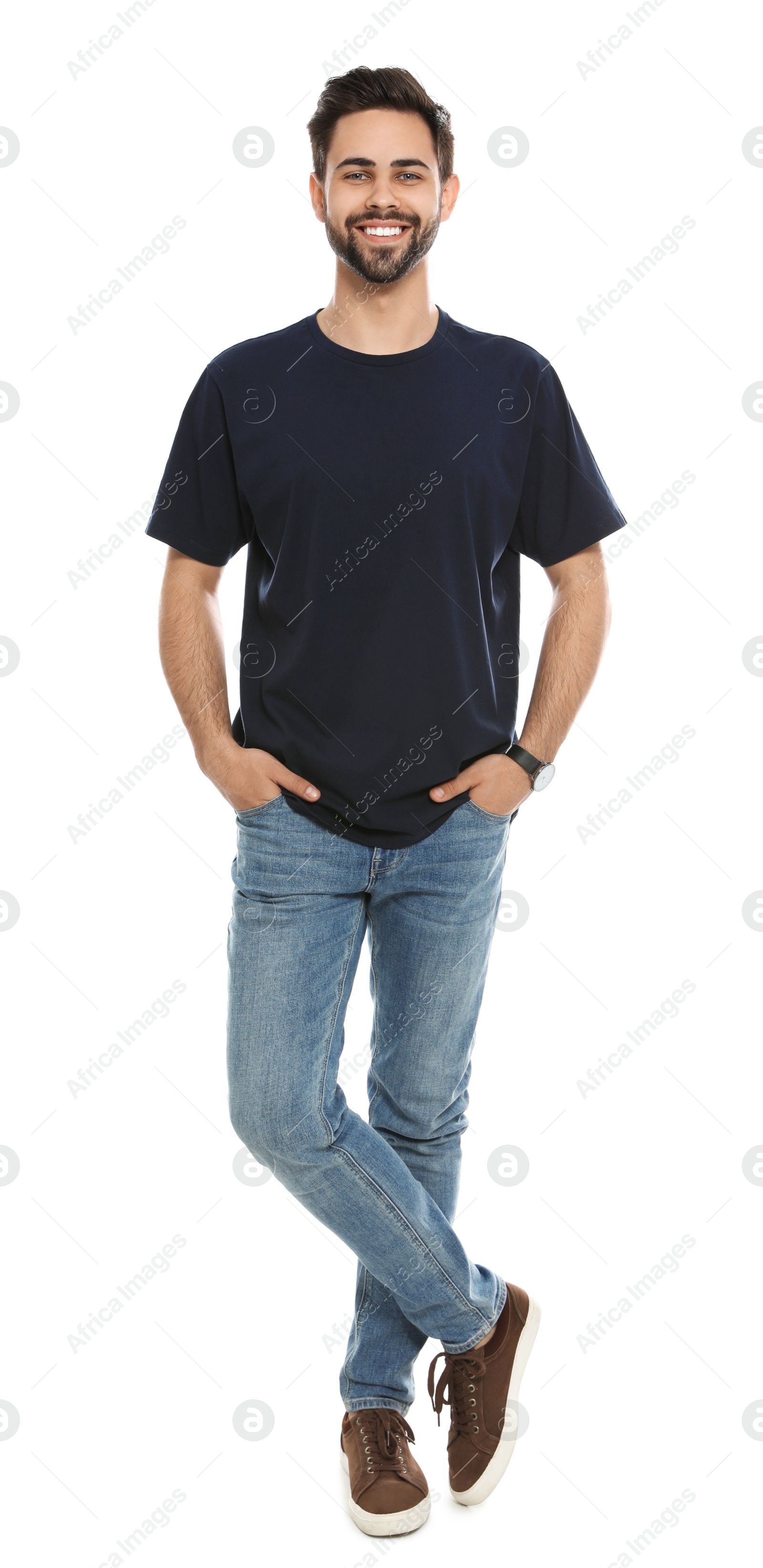 Photo of Young man in t-shirt on white background. Mock up for design