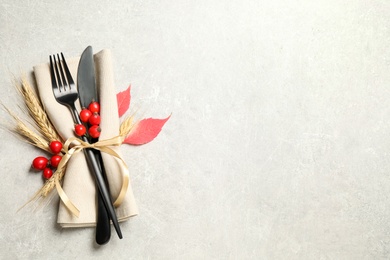 Photo of Cutlery, rosehip berries and napkin on light table, flat lay with space for text. Thanksgiving Day