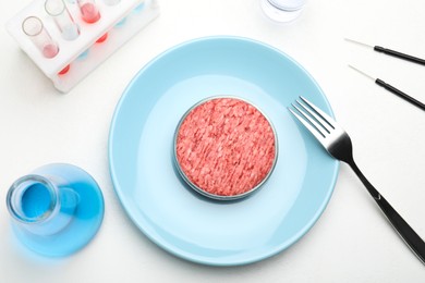 Photo of Minced cultured meat served on white lab table, flat lay