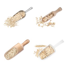 Image of Set with uncooked oatmeal on white background, top view