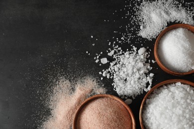 Photo of Different types of organic salt in bowls on black table, flat lay. Space for text