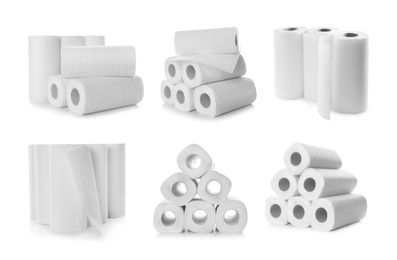 Image of Set of paper towels on white background