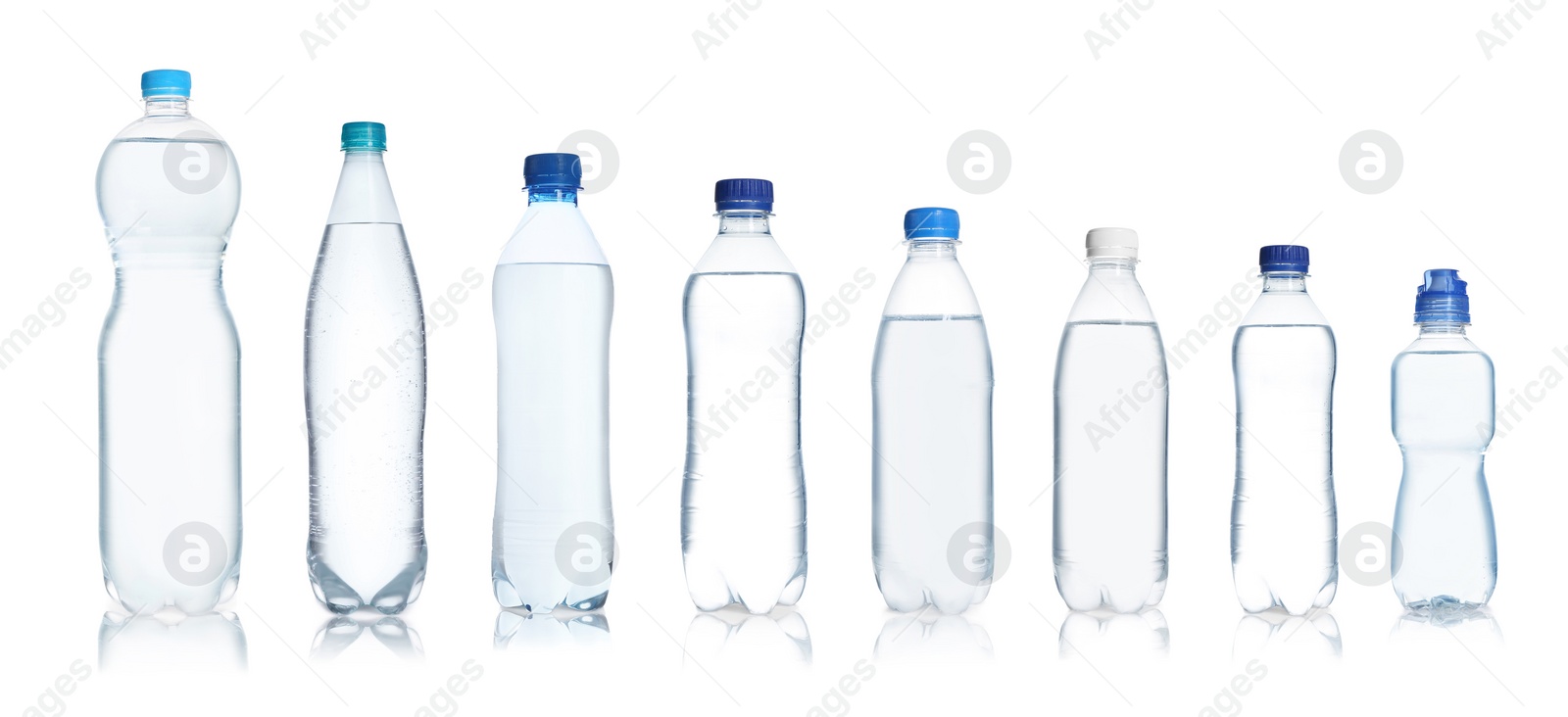 Image of Set with different bottles of pure water on white background. Banner design