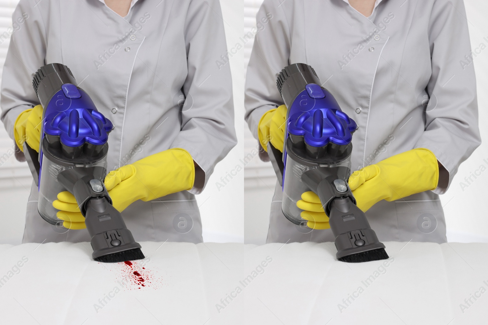 Image of Woman in gloves disinfecting mattress with vacuum cleaner indoors, closeup. Collage with photos before and after cleaning