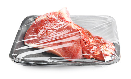 Photo of Fresh raw beef cut in plastic container isolated on white