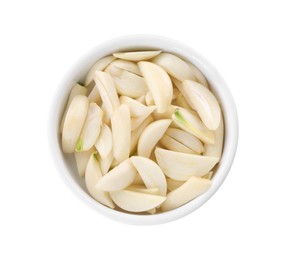 Peeled cloves of fresh garlic in bowl isolated on white, top view