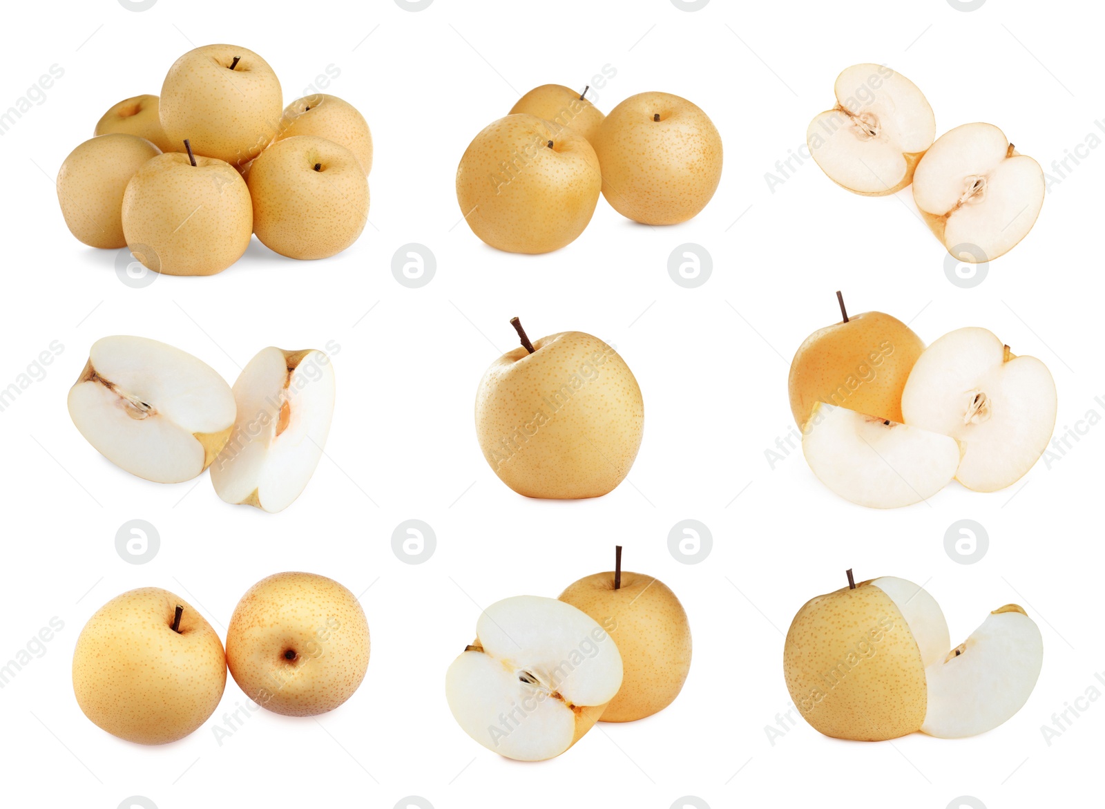 Image of Set with fresh ripe apple pears on white background