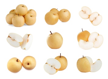 Set with fresh ripe apple pears on white background