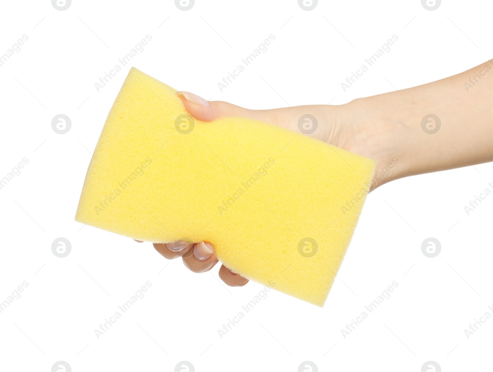 Photo of Woman holding new yellow sponge on white background, closeup