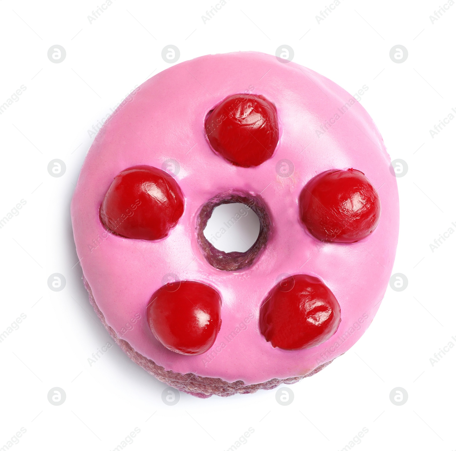 Photo of Sweet delicious glazed donut decorated with berries on white background, top view