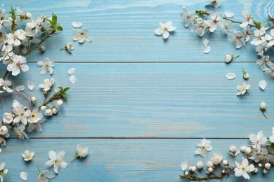 Photo of Beautiful spring flowers as borders on light blue wooden background, flat lay. Space for text