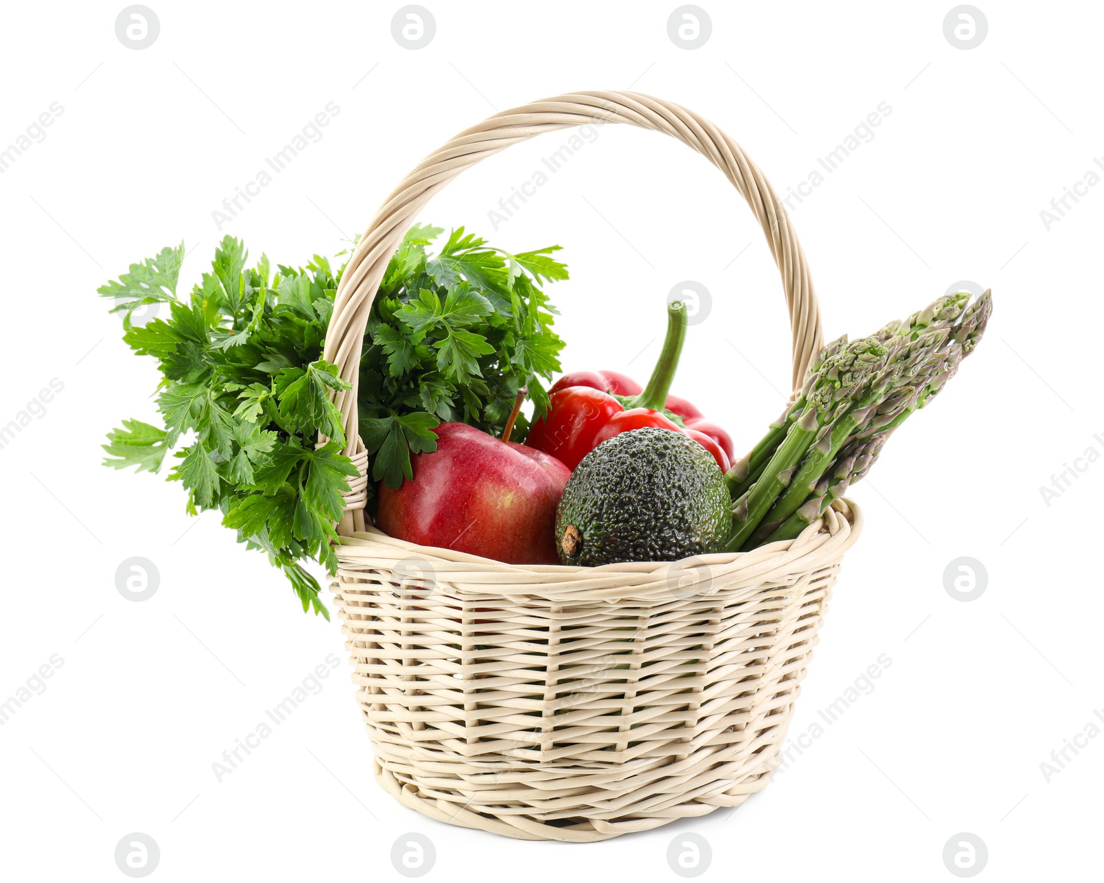 Photo of Healthy food. Different fresh products in wicker basket isolated on white