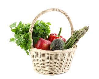 Photo of Healthy food. Different fresh products in wicker basket isolated on white