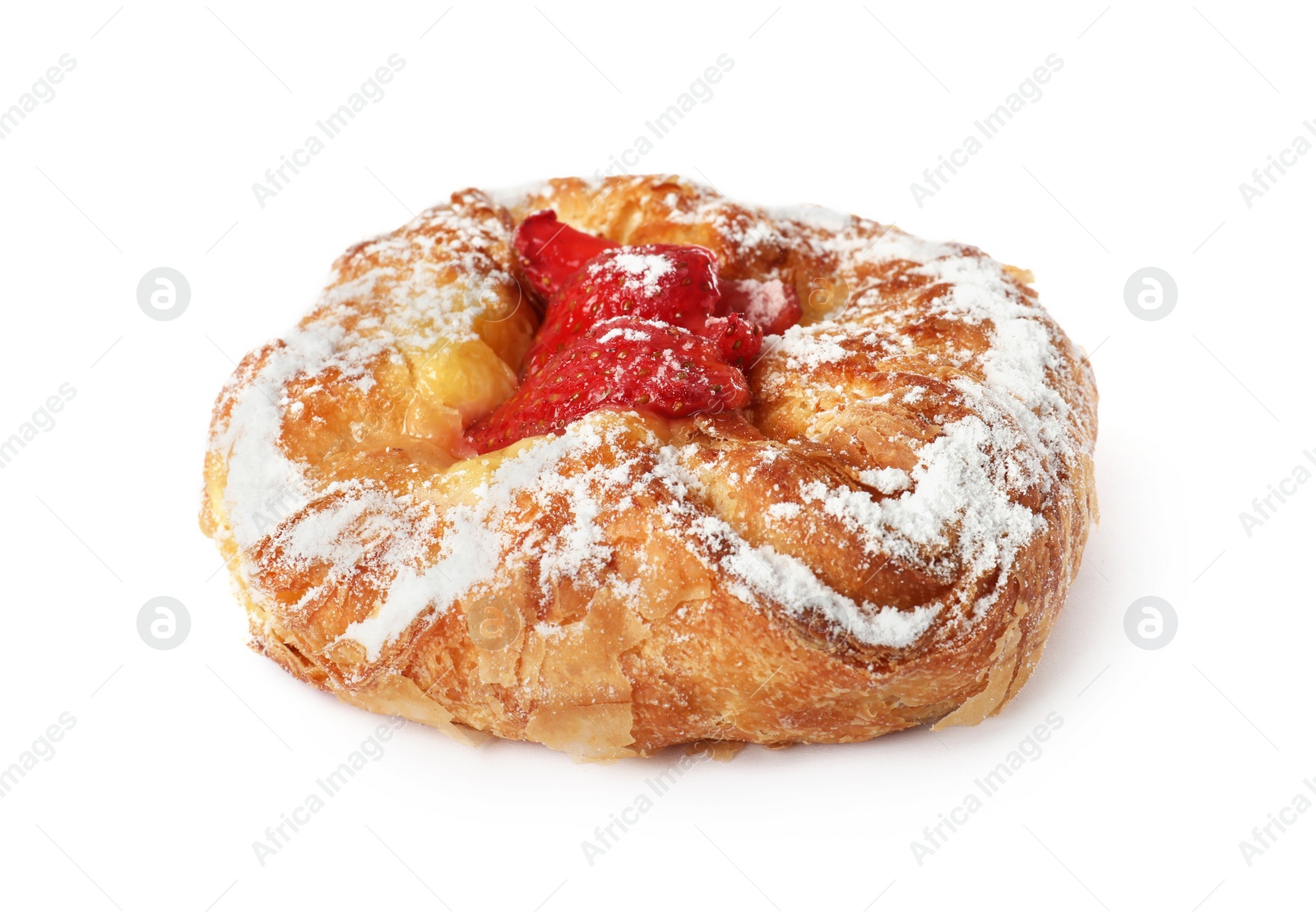 Photo of Danish pastry with strawberries isolated on white